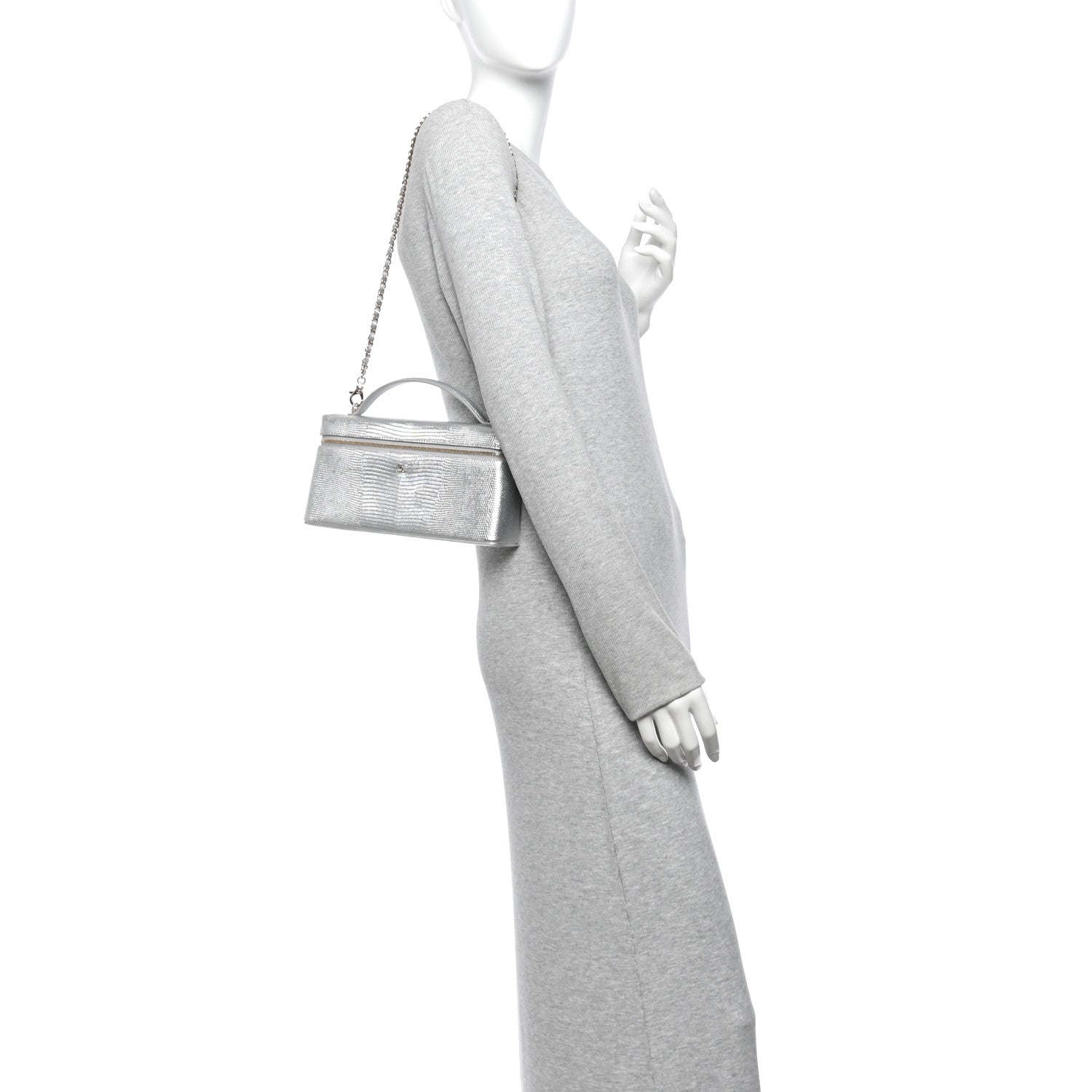 Chanel Lizard Embossed Top Handle Slim Vanity With Chain Silver 2 of 14