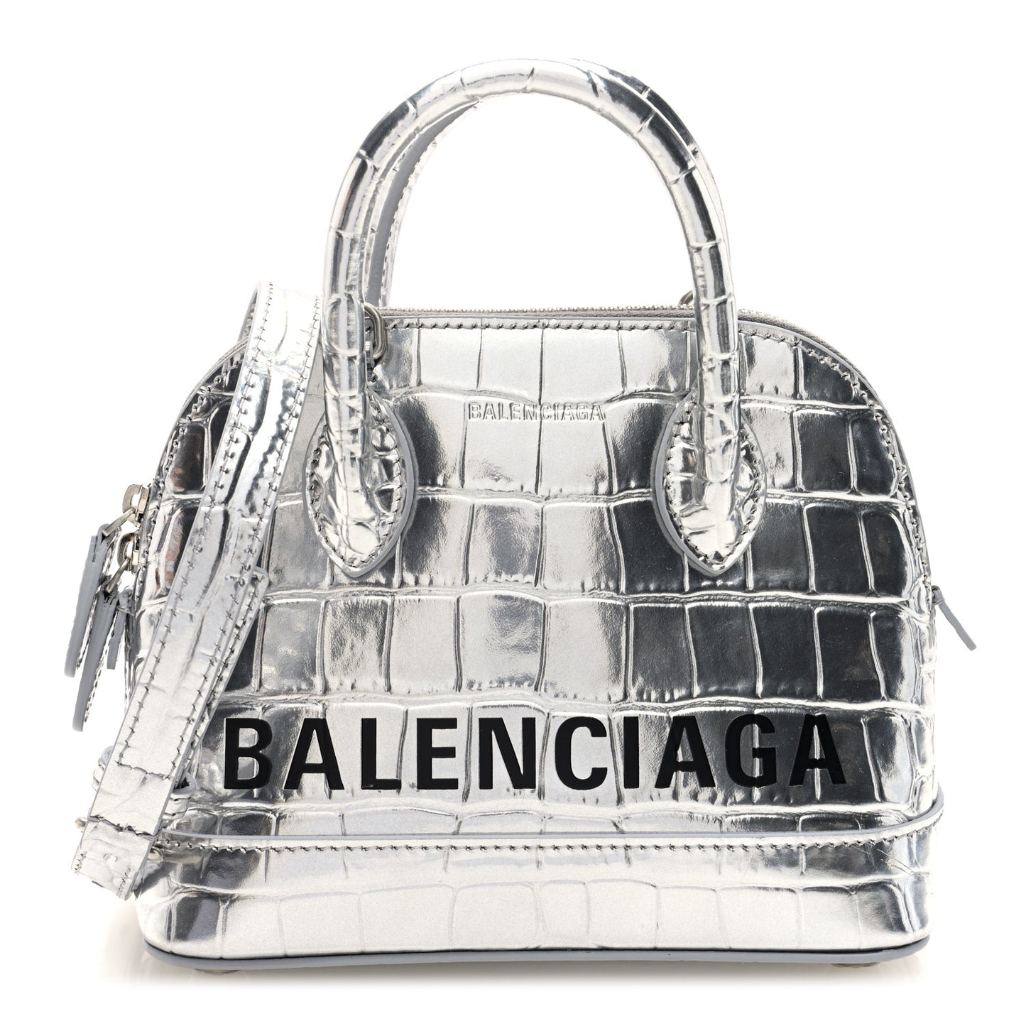 Metallic Calfskin Logo Crocodile Embossed XXS Ville Top Handle Bag Silver Black