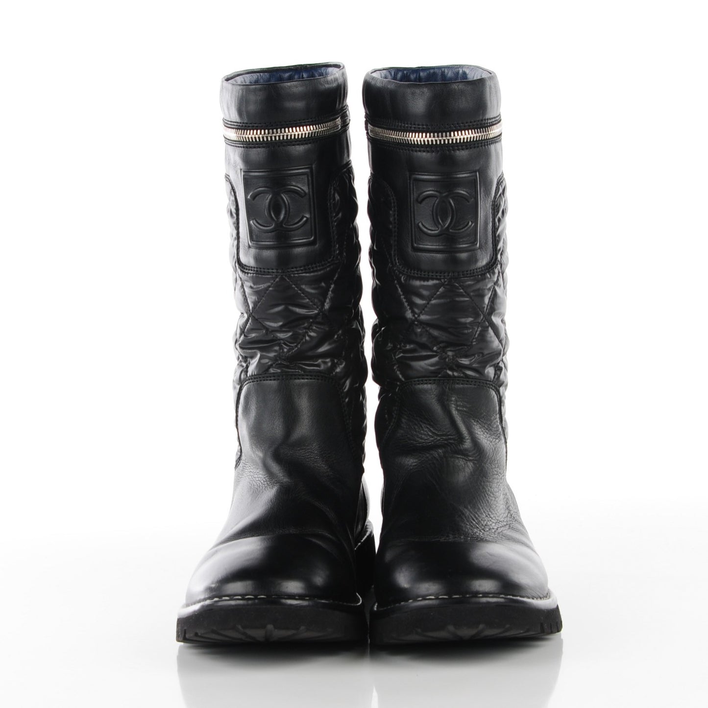 Calfskin Nylon Quilted Motorcycle Zip Boots 41.5 Black