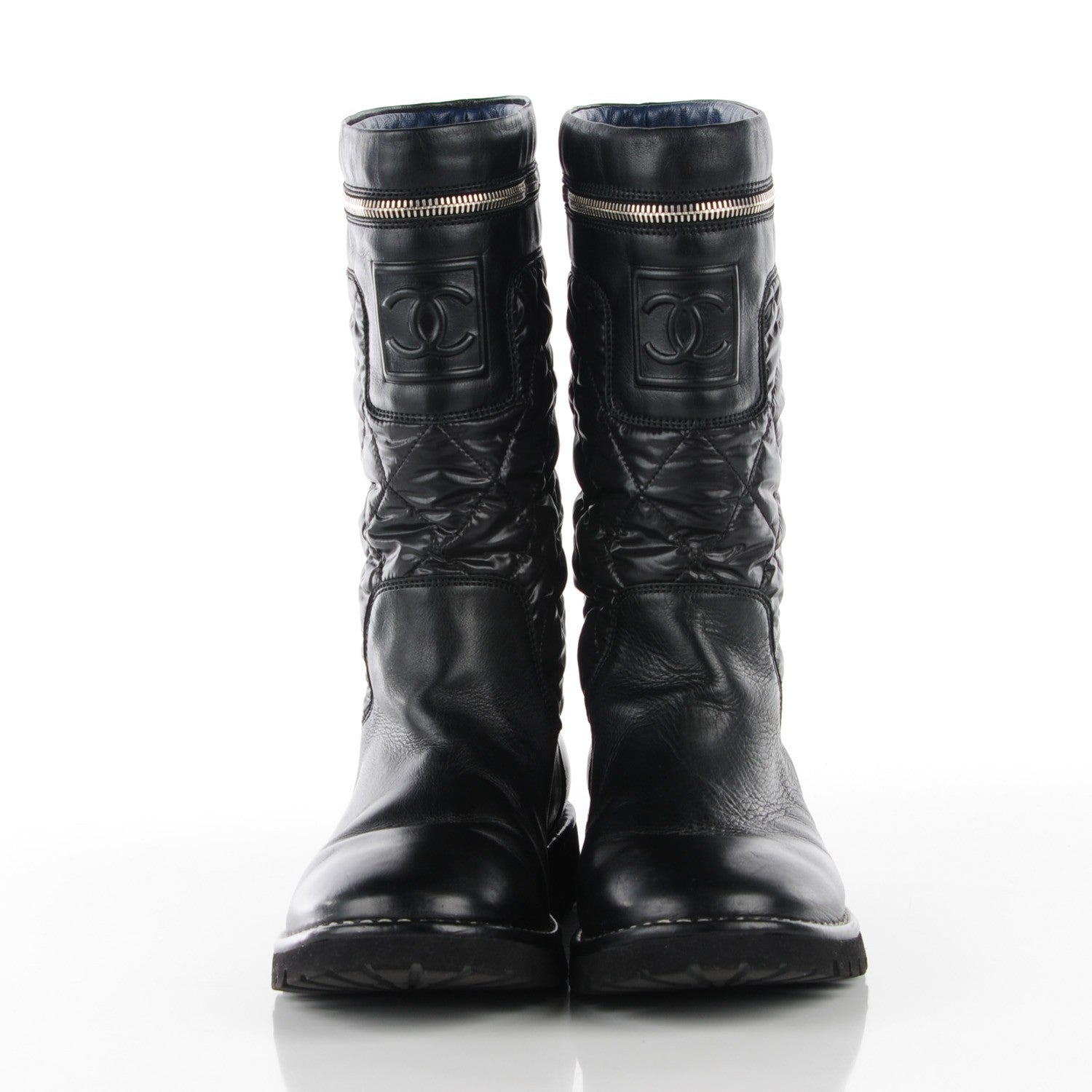 Chanel Calfskin Nylon Quilted Motorcycle Zip Boots 41.5 Black 2 of 7