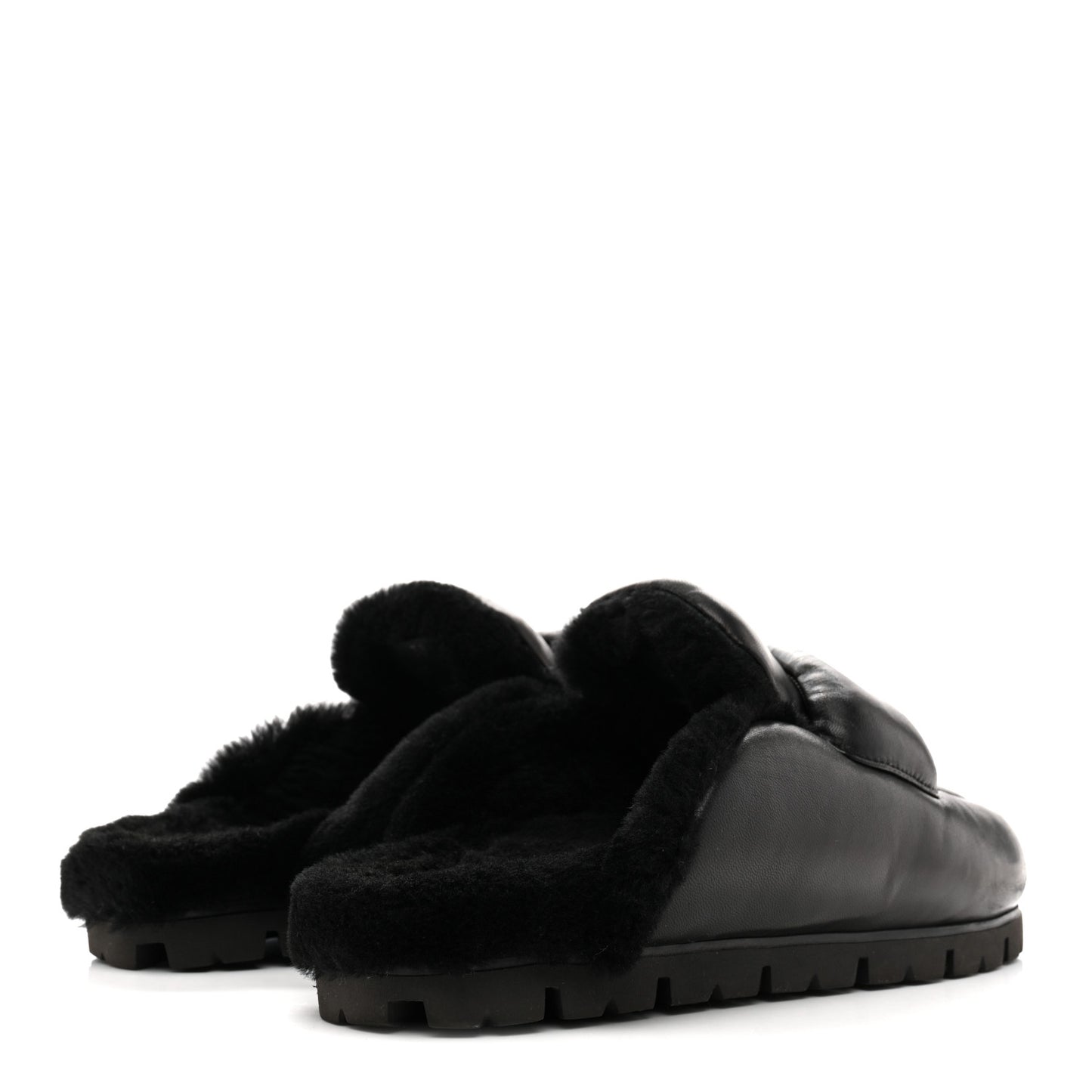 Nappa Shearling Soft Padded Metal Triangle Logo Lug Sole 20mm Mules 38 Black