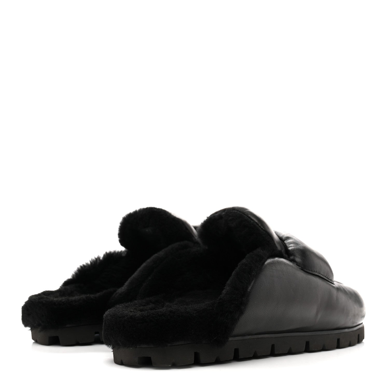 Prada Nappa Shearling Soft Padded Metal Triangle Logo Lug Sole 20mm Mules 38 Black 5 of 9
