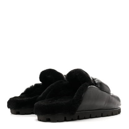 Prada Nappa Shearling Soft Padded Metal Triangle Logo Lug Sole 20mm Mules 38 Black 5 of 9