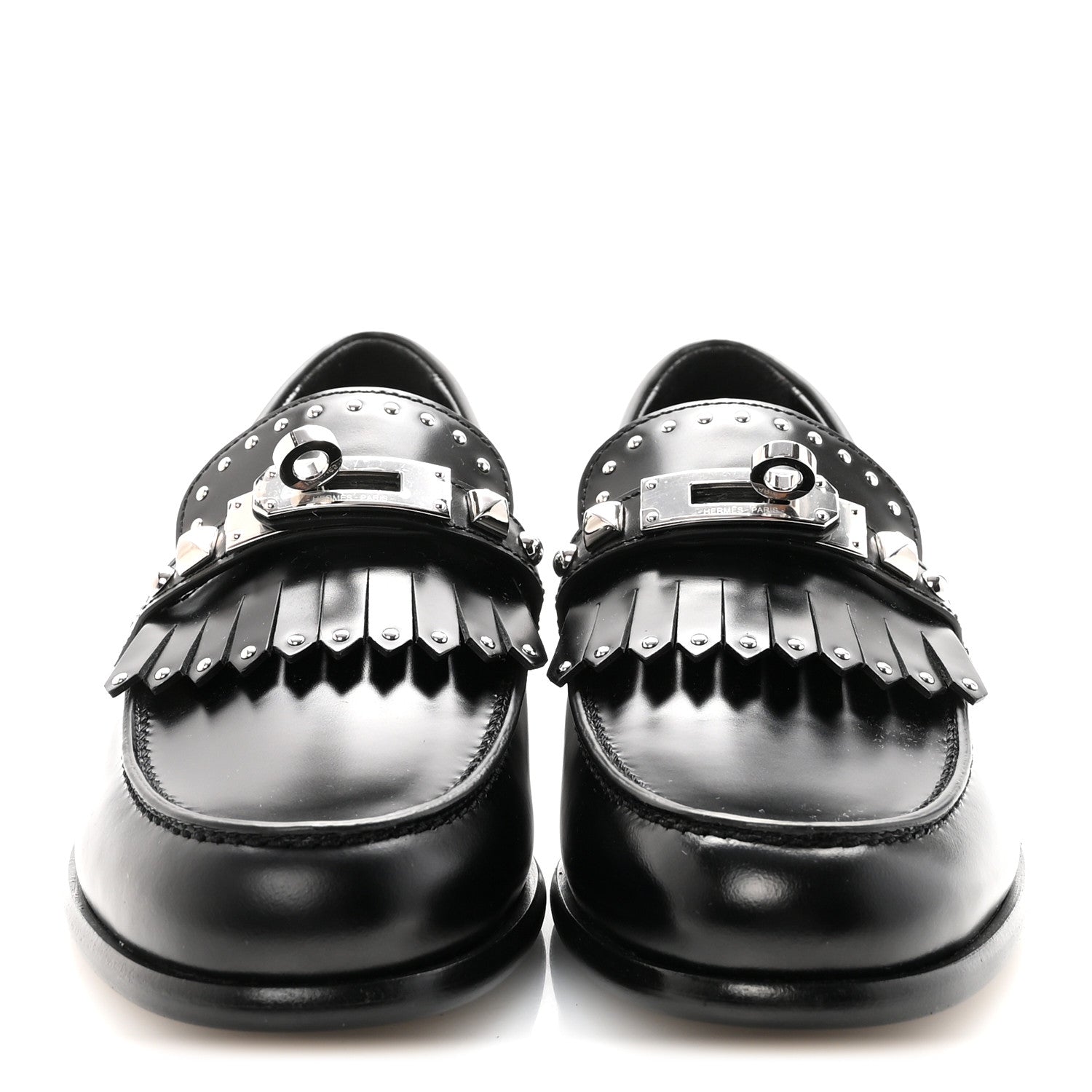 Hermes Glazed Calfskin Medor Studded Fringe Womens Destin Loafer 35 Black 3 of 10
