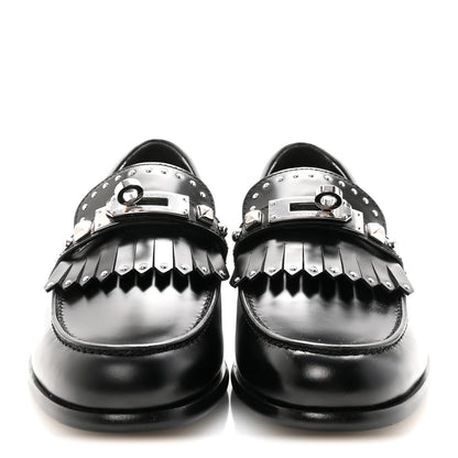 Hermes Glazed Calfskin Medor Studded Fringe Womens Destin Loafer 35 Black 3 of 10