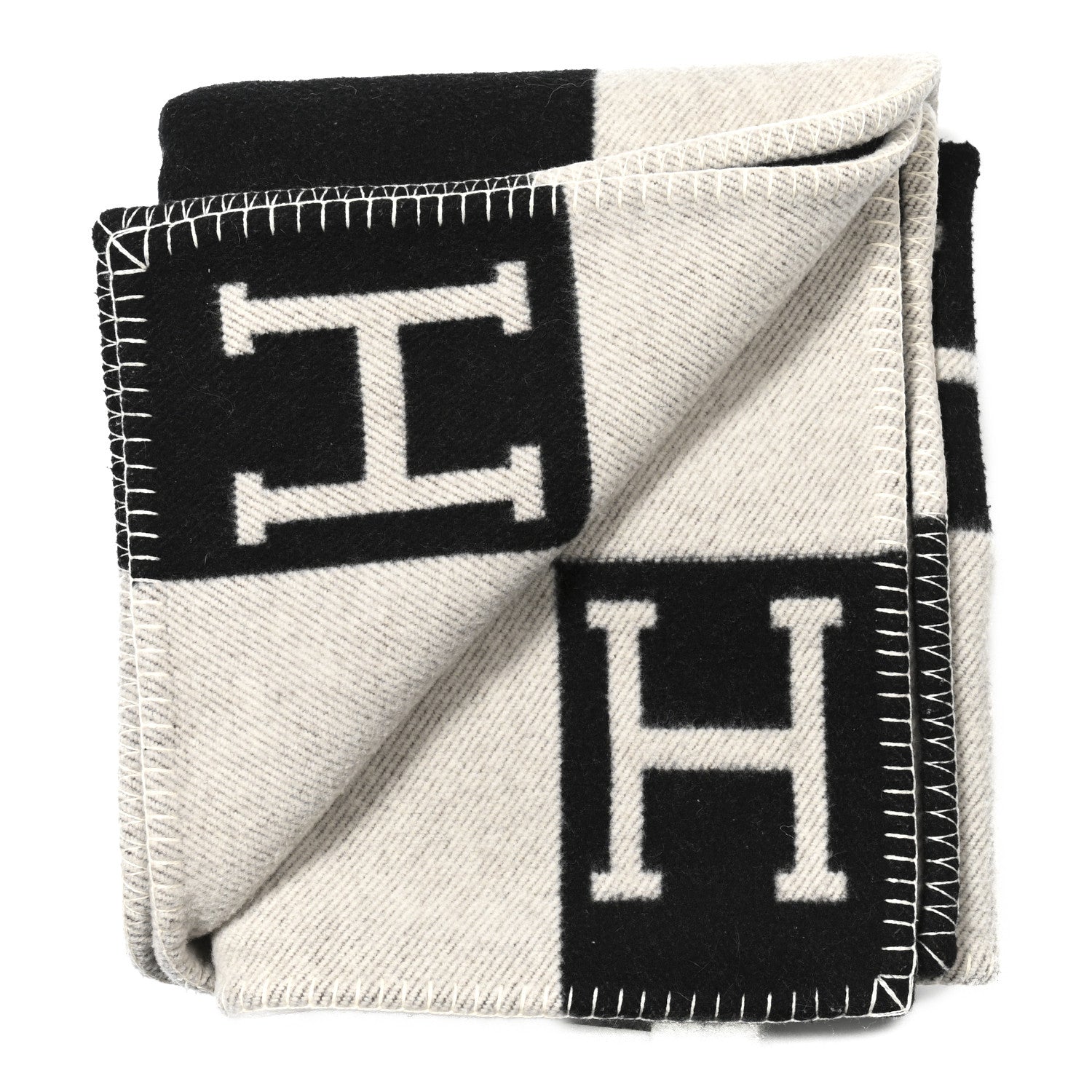Hermes Wool Cashmere Signature Avalon Blanket Ecru Gris Fonce 2 of 5