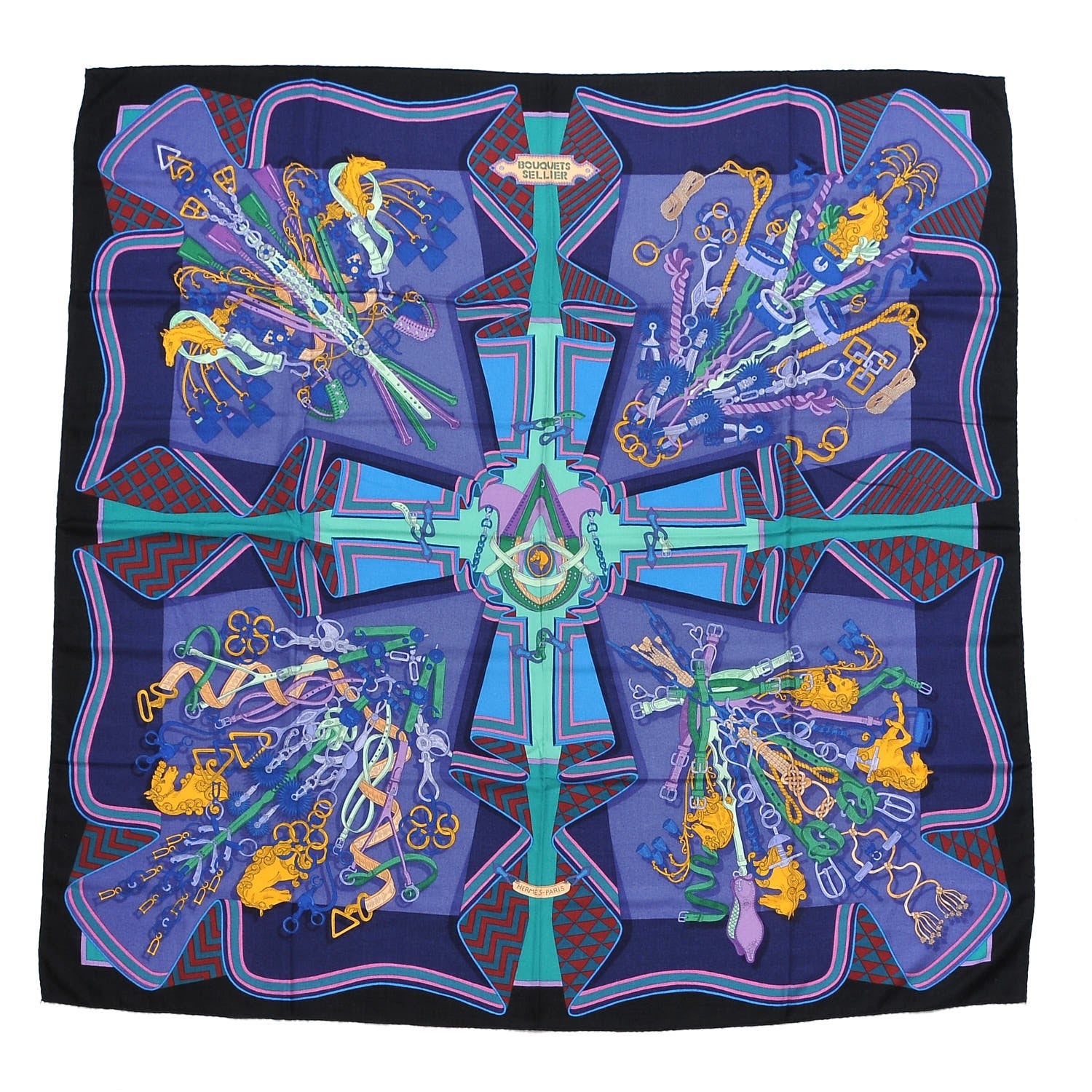 Hermes Cashmere Silk Bouquets Shawl 140 Noir Violet Vert 1 of 4