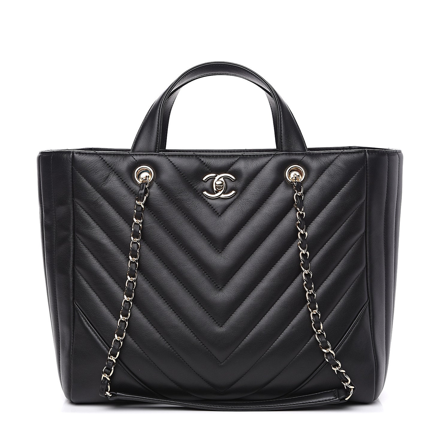 Calfskin Chevron Quilted Statement Shopping Tote Black