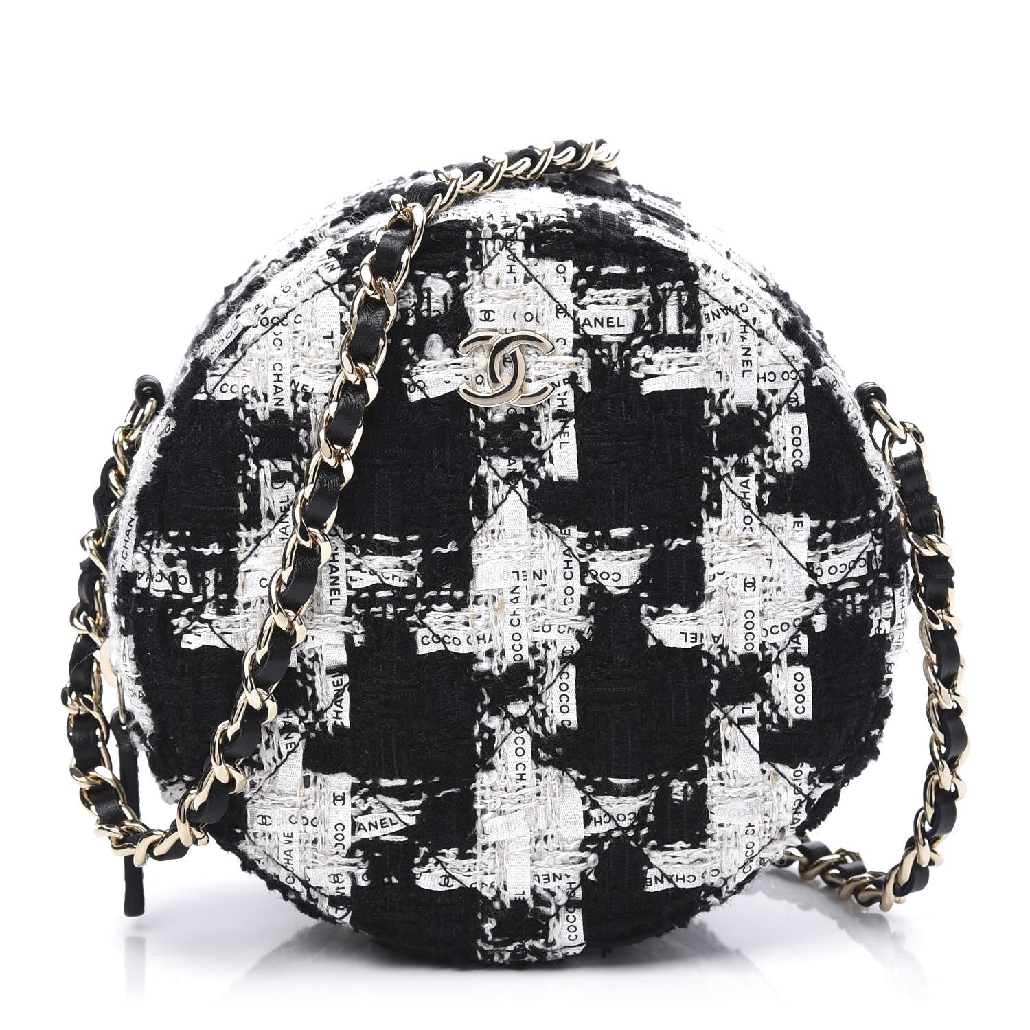Chanel Tweed Quilted Round Clutch With Chain Black Ecru White 1 of 9
