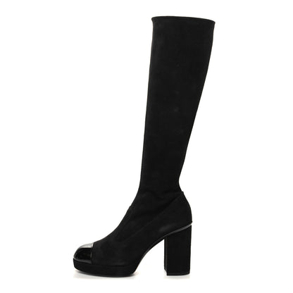 Chanel Suede Kidskin Patent CC Cap Toe Tall Boots 37 Black 1 of 7