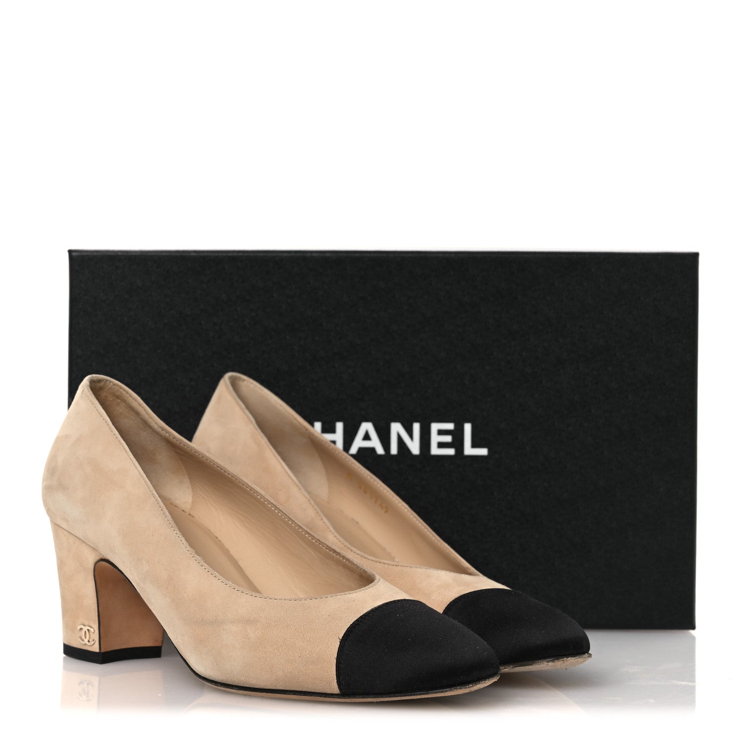 Chanel Suede Satin Cap Toe Low Heel Pumps 36 Beige Black 16 of 16