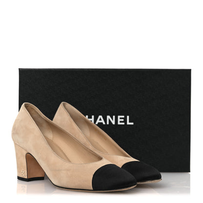 Chanel Suede Satin Cap Toe Low Heel Pumps 36 Beige Black 16 of 16