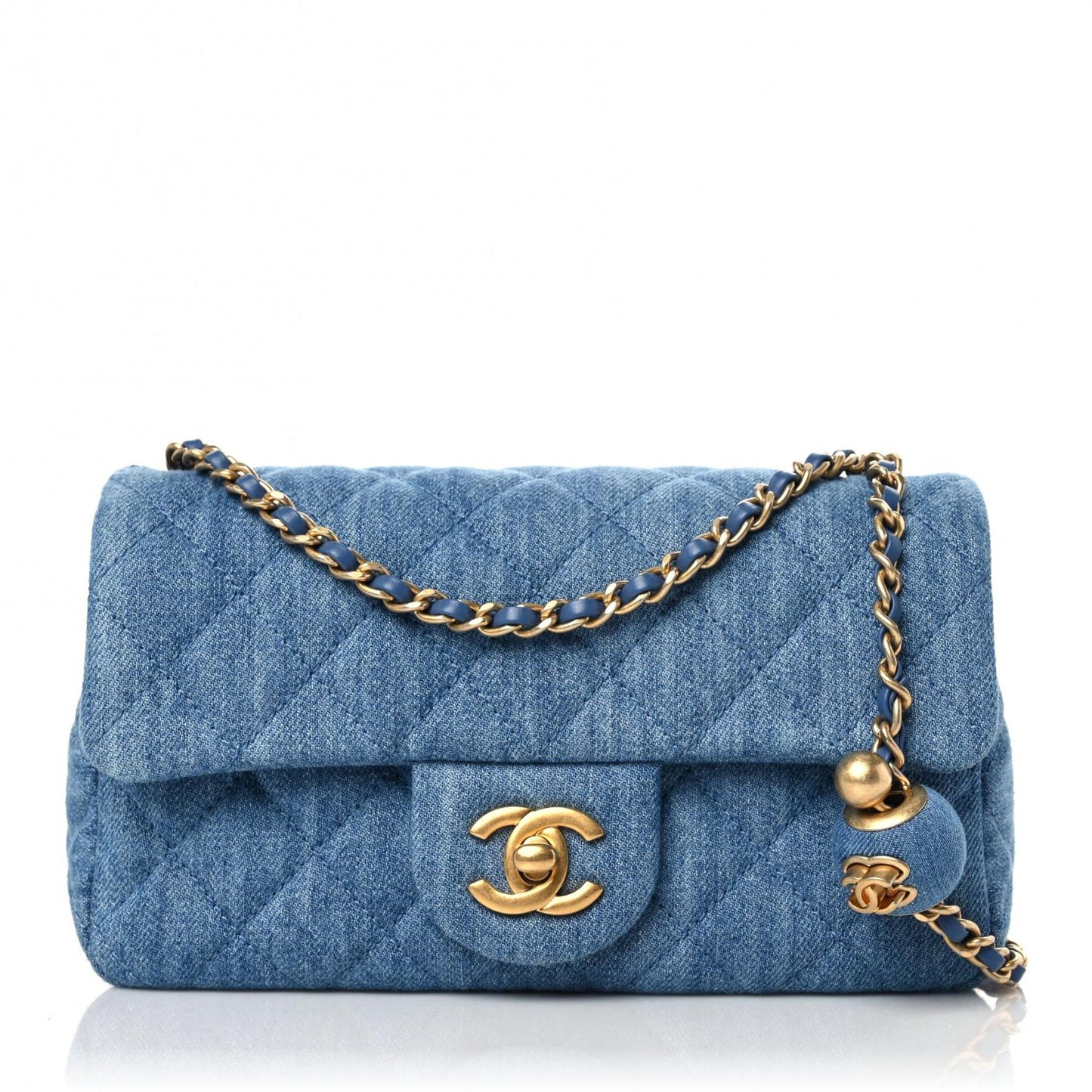 Denim Quilted Mini Pearl Crush Rectangular Flap Blue