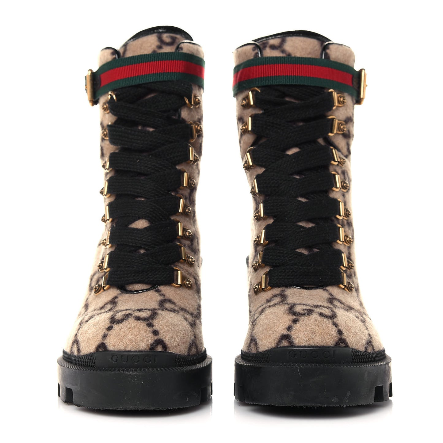 Covered Wool GG Monogram Womens Lace Up Combat Ankle Boots 36.5 Beige Ebony Black