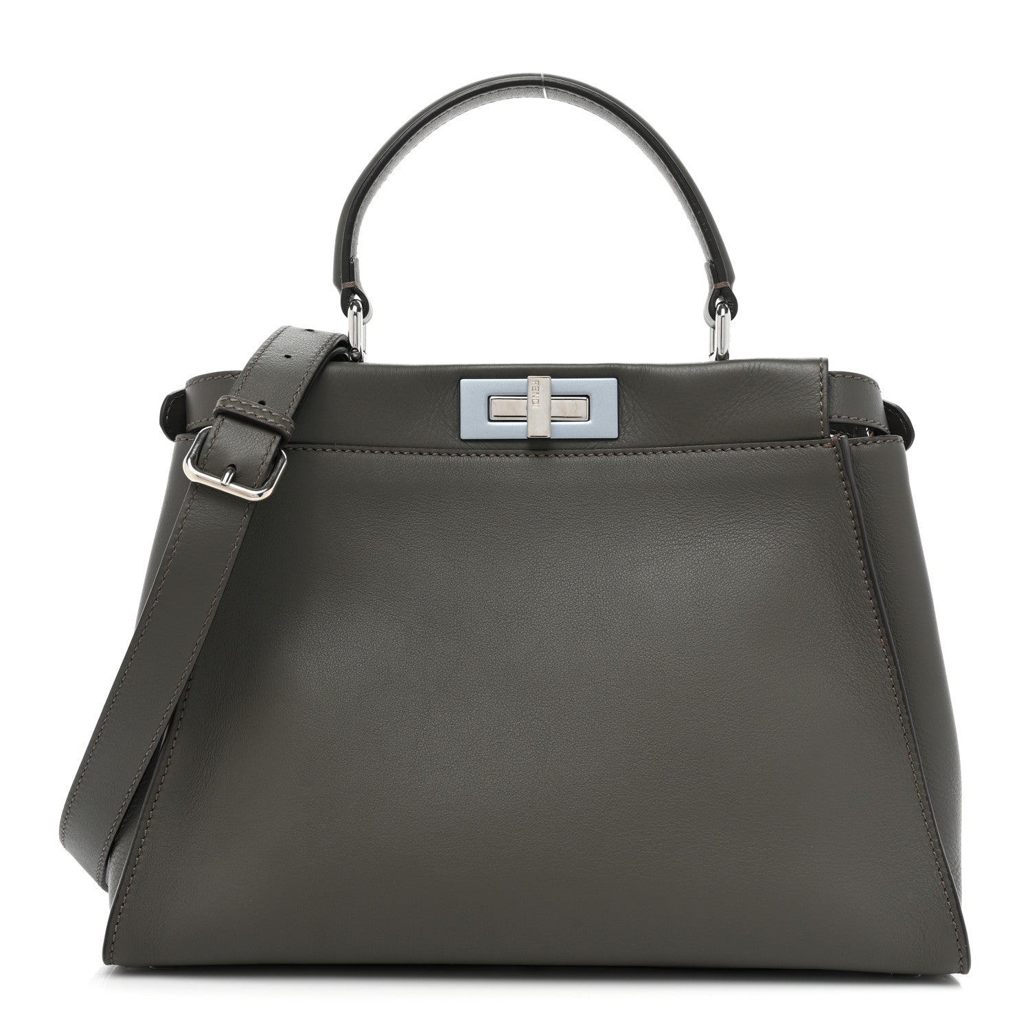 Fendi Vitello Seta Shiny Nappa Medium Peekaboo Iconic Satchel Carbone Grigio Polvere 1 of 12