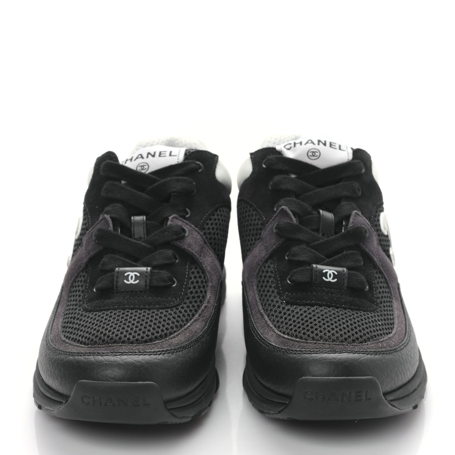 Chanel Mesh Suede Grained Calfskin Womens CC Sneakers 37 Black White 2 of 8
