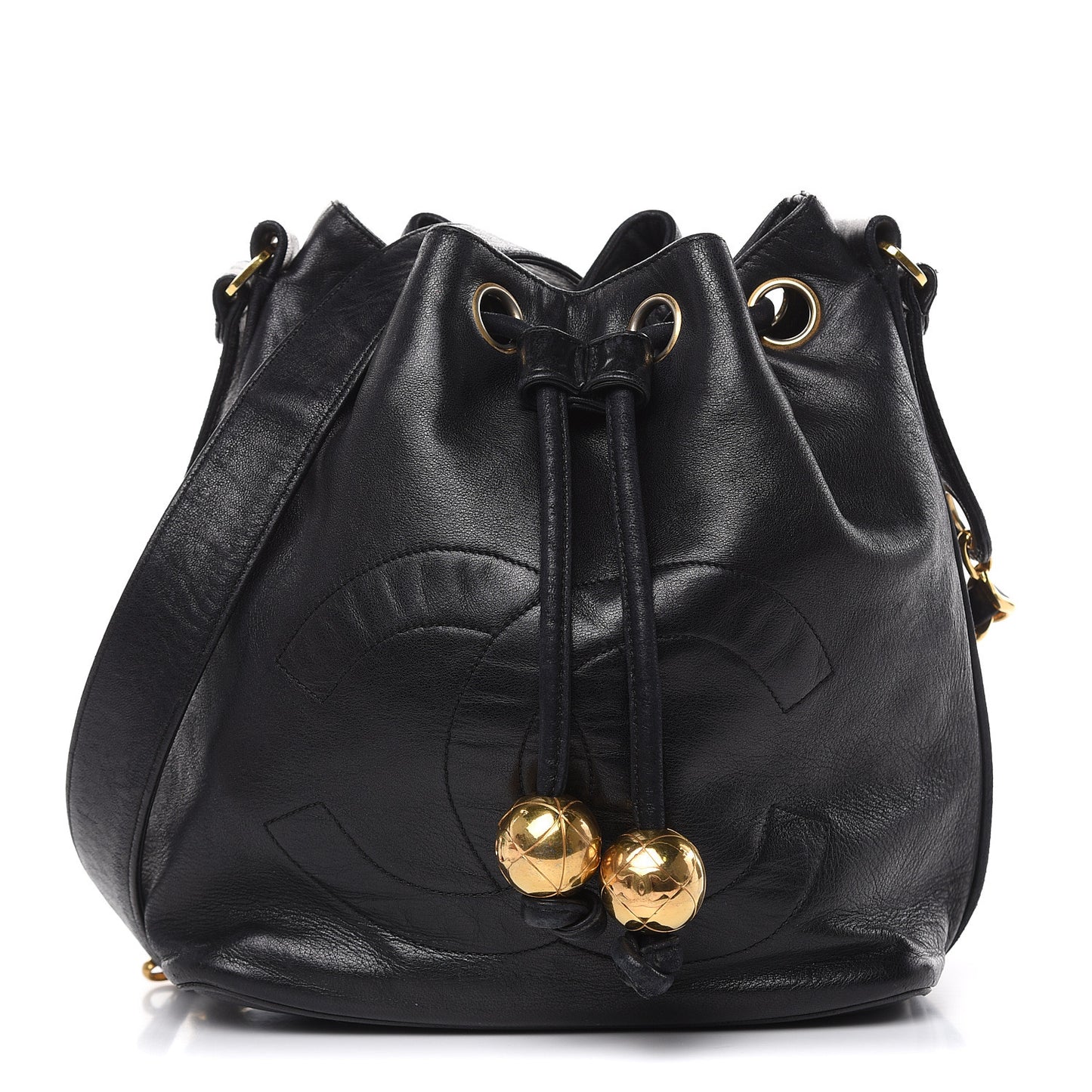 Lambskin CC Drawstring Shoulder Bag Black