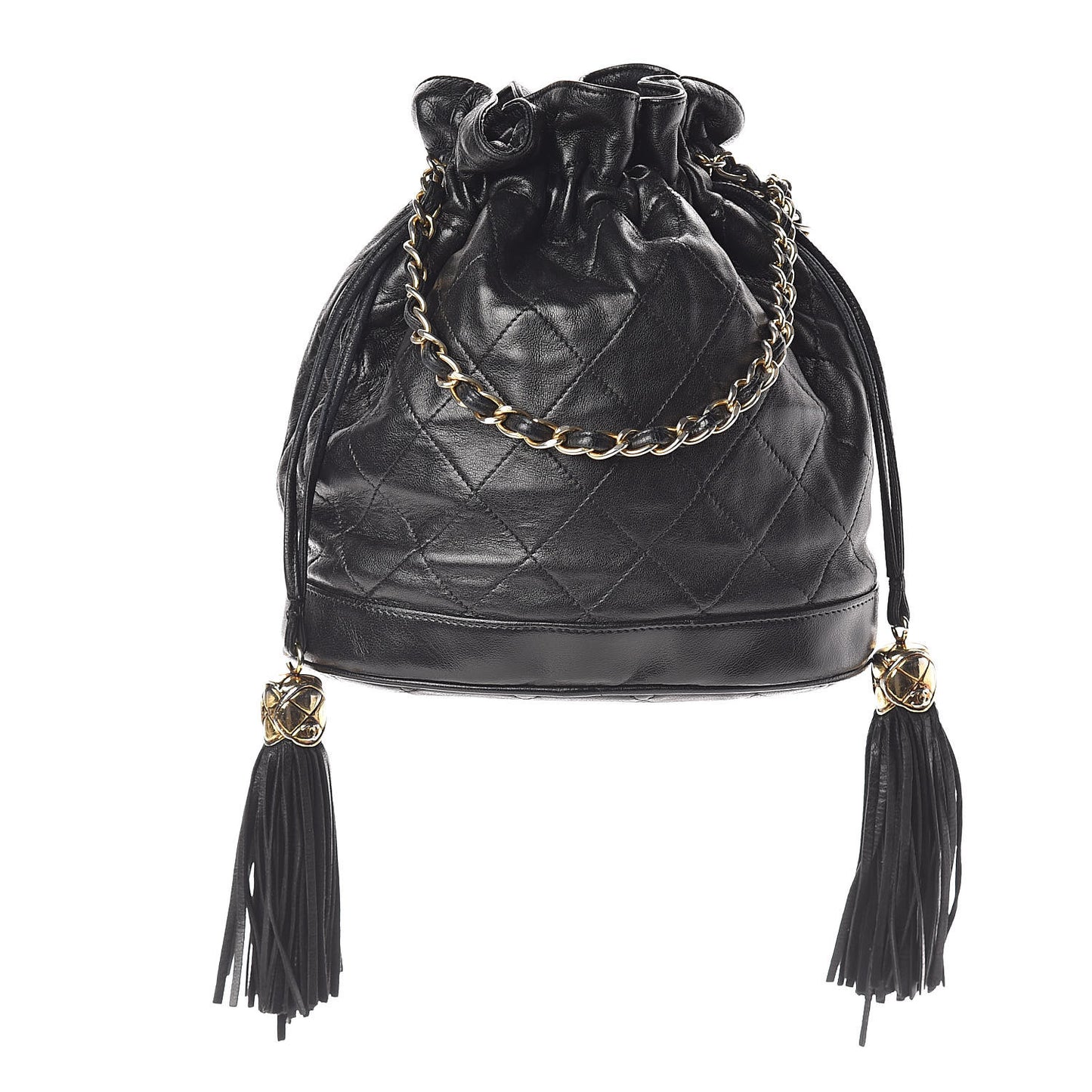 Lambskin Stitched Tassel Drawstring Pouch Black