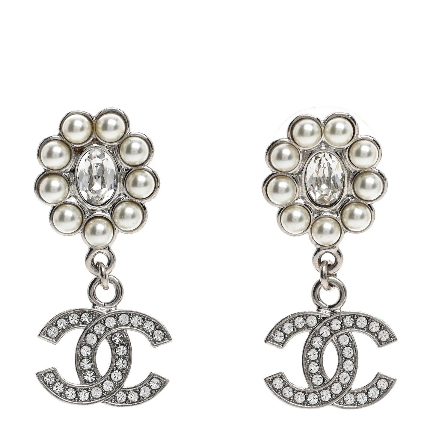 Crystal Pearl Coco Mark CC Drop Earrings Silver