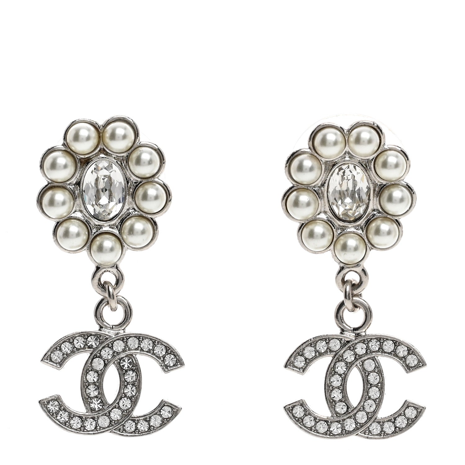 Chanel Crystal Pearl Coco Mark CC Drop Earrings Silver 1 of 5