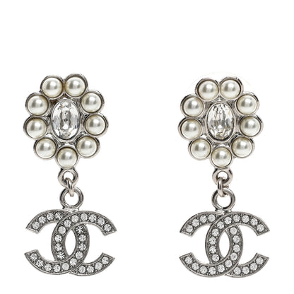 Chanel Crystal Pearl Coco Mark CC Drop Earrings Silver 1 of 5