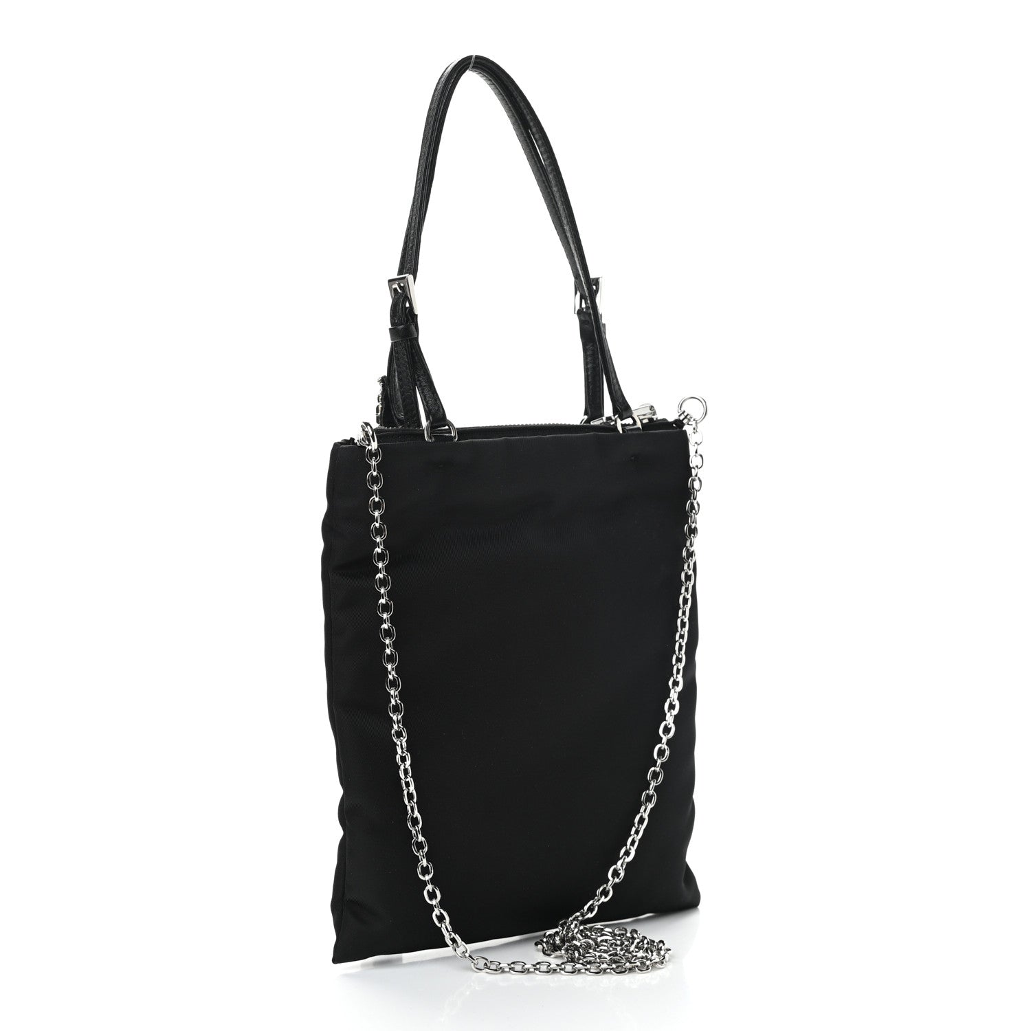 Prada Tessuto Nylon Crystal Metal Triangle Logo Lightning Chain Shopping Tote Black 1 of 12