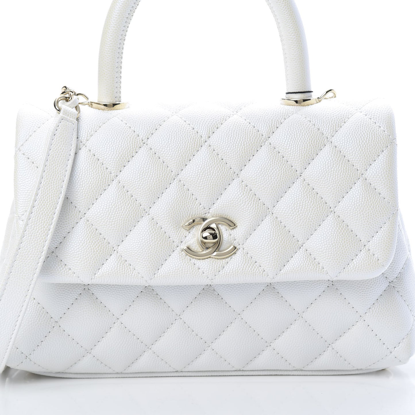 Iridescent Caviar Quilted Mini Coco Handle Flap White
