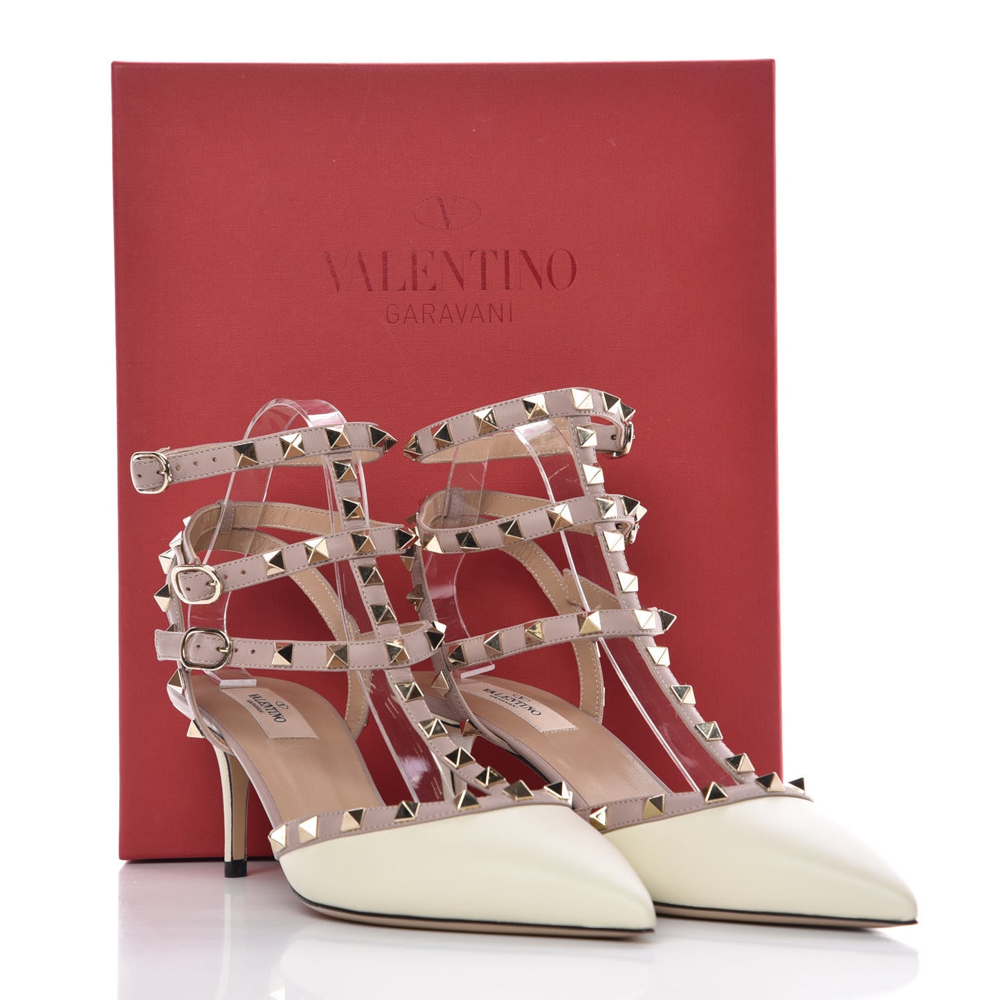Calfskin Rockstud Ankle Strap 65mm Pumps 40.5 Light Ivory Poudre