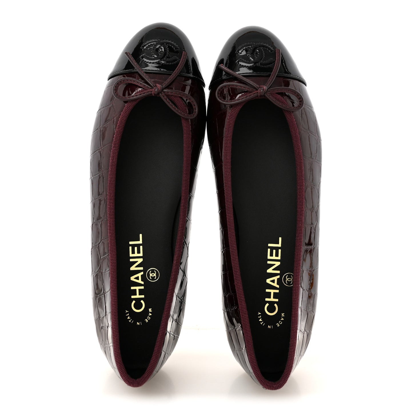 Patent Calfskin Crocodile Embossed Ballerina Flats 38 Dark Burgundy Black