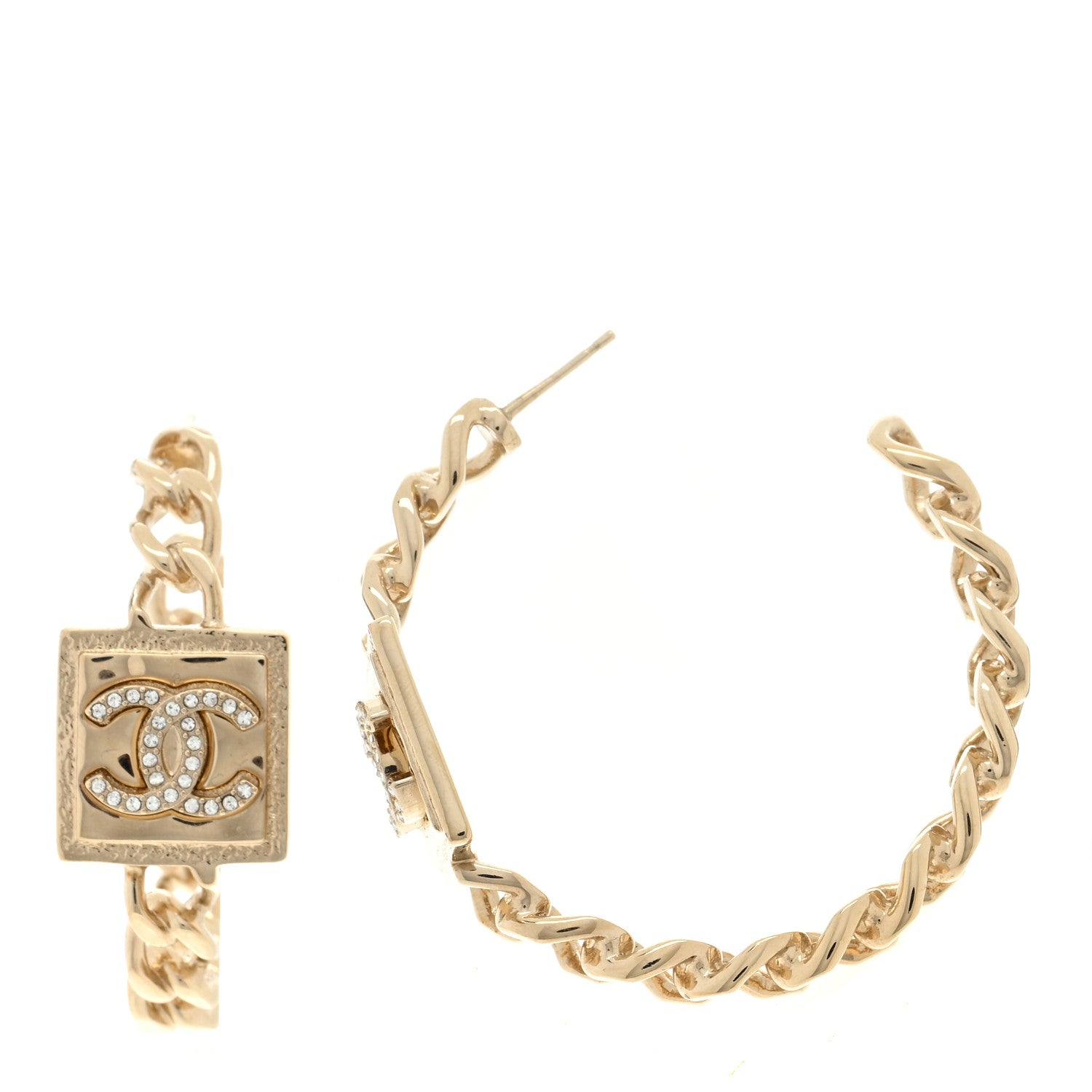 Chanel Metal Crystal CC Square Chain Hoop Earrings Gold 1 of 4