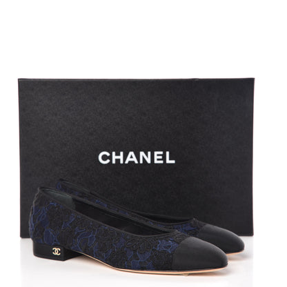 Chanel Lace Grosgrain Cap Toe CC Ballerina Flats 37 Navy Black 9 of 9