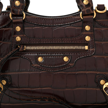 Balenciaga Semi Shiny Calfskin Crocodile Embossed Neo Classic Gold Hardware Mini City Dark Brown 7 of 9