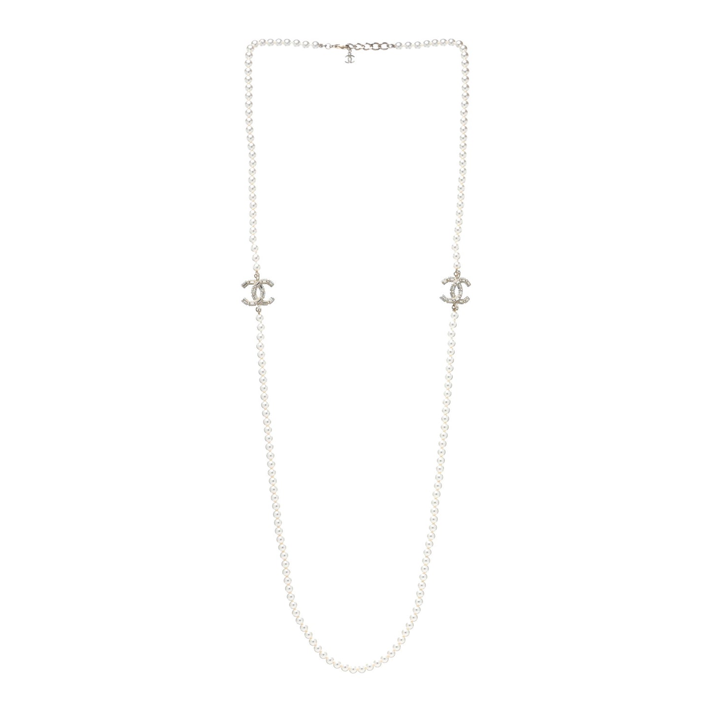 Metal Baguette Crystal Pearl CC Long Necklace Black Gold