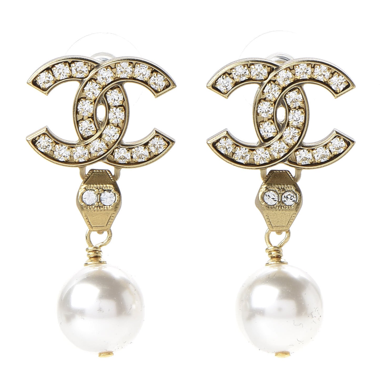 Crystal Pearl CC Drop Earrings Gold
