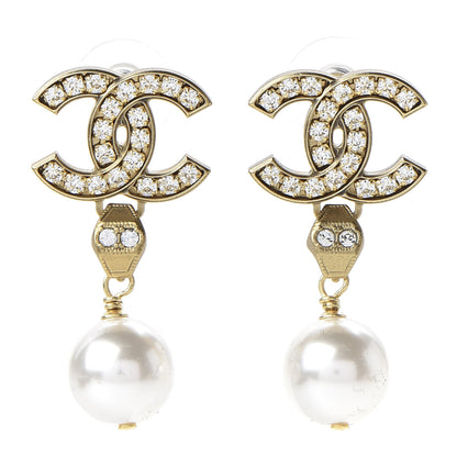 Chanel Crystal Pearl CC Drop Earrings Gold 1 of 5