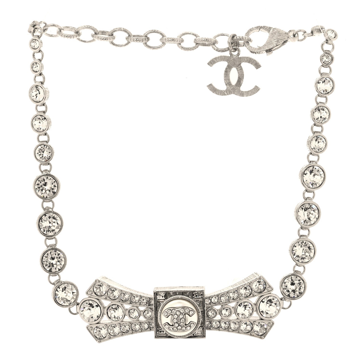 Chanel Crystal CC Bow Choker Necklace Silver 3 of 5