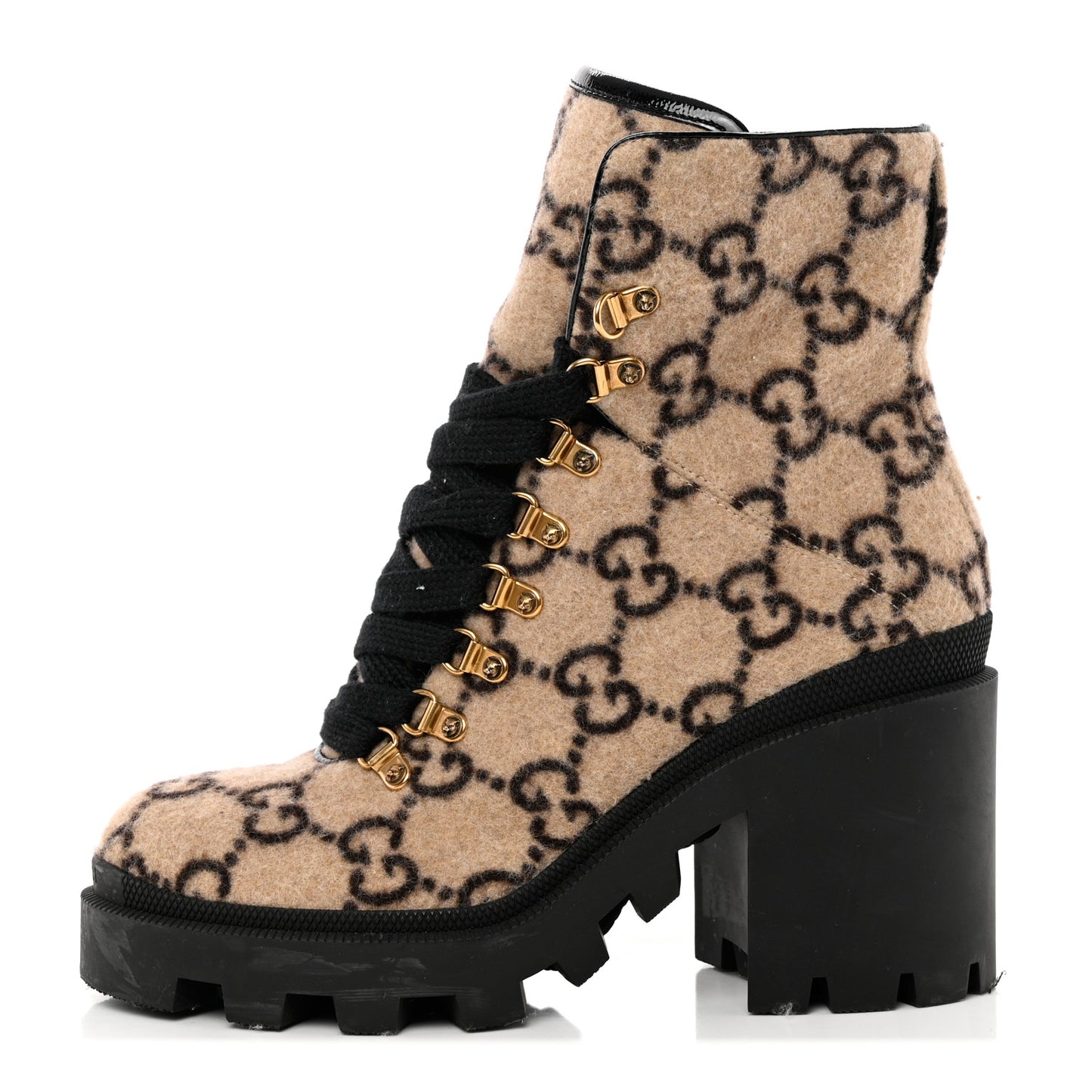 Covered Wool GG Monogram Womens Lace Up Combat Ankle Boots 40 Beige Ebony Black