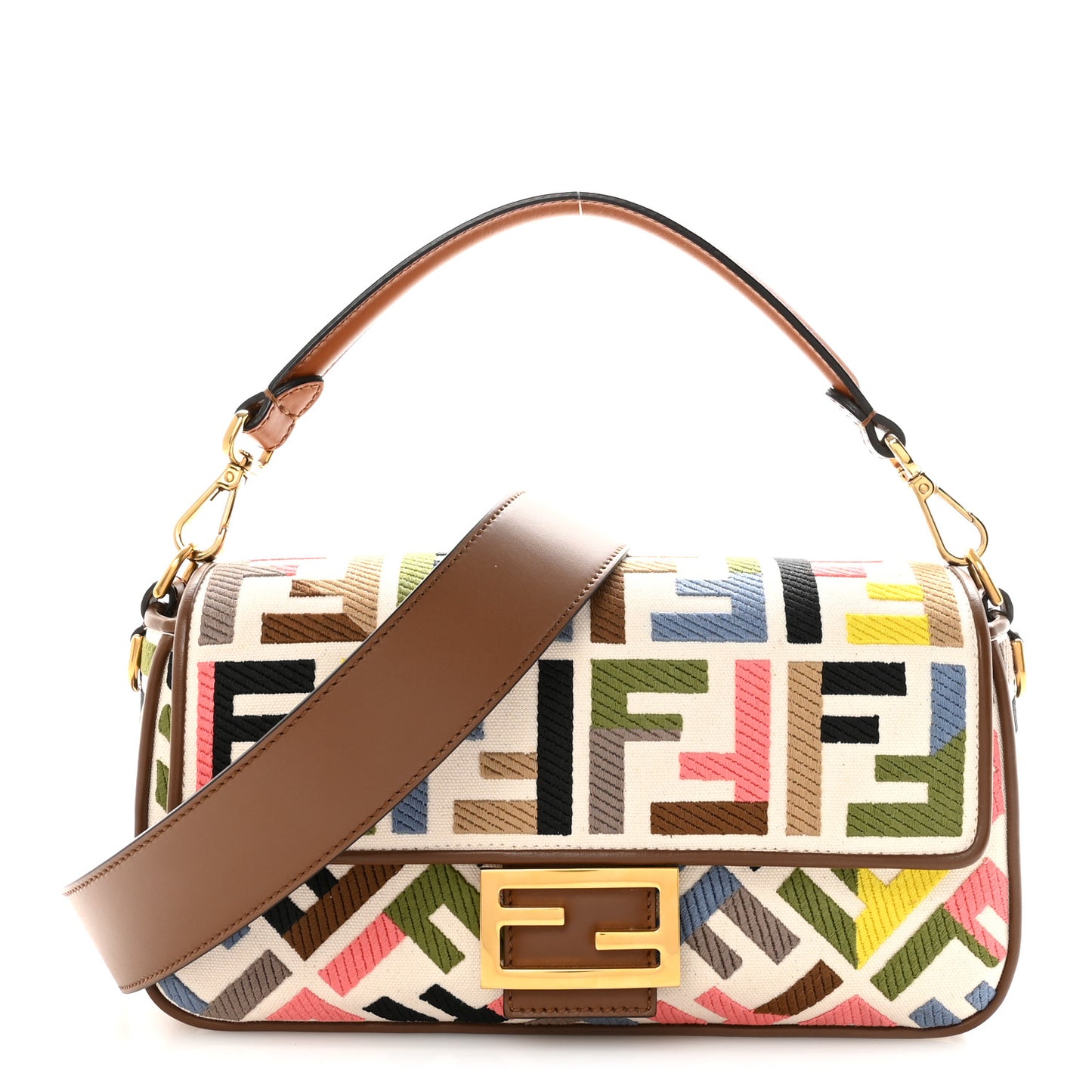 Canvas Ricamo Vitello King FF Multicolor Embroidered Baguette Grezzo Multicolor Gianduia