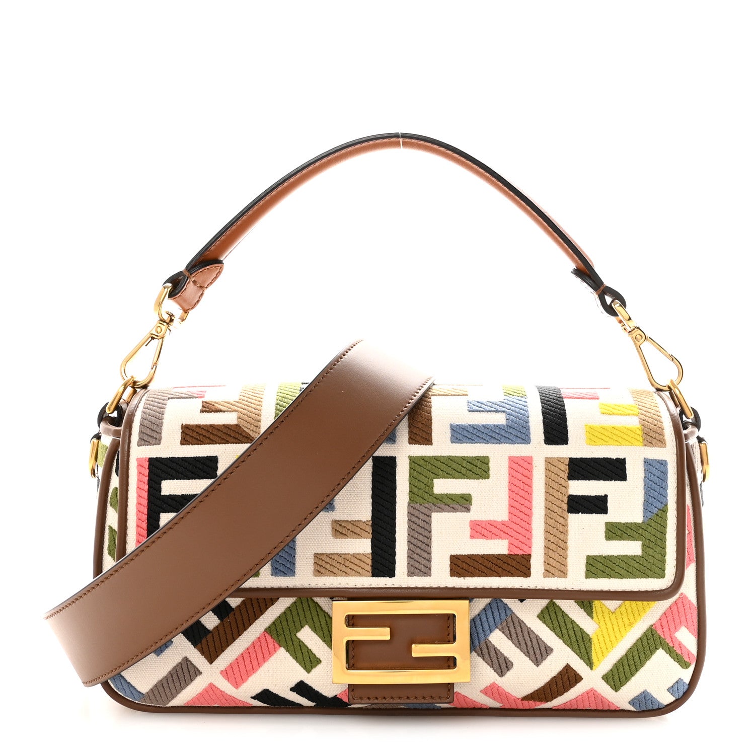 Fendi Canvas Ricamo Vitello King FF Multicolor Embroidered Baguette Grezzo Multicolor Gianduia 1 of 9