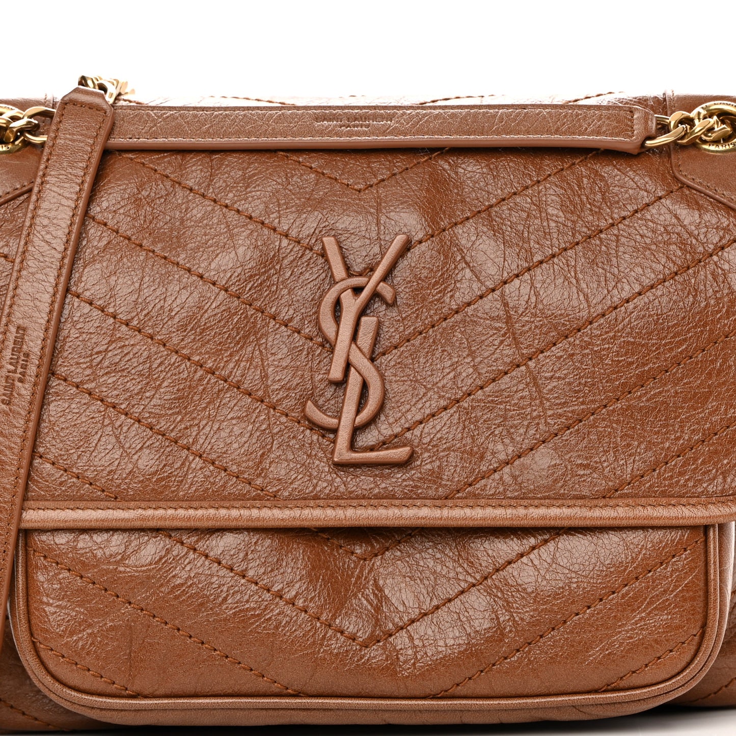 Crinkled Calfskin Matelasse Monogram Medium Niki Chain Satchel Caramel