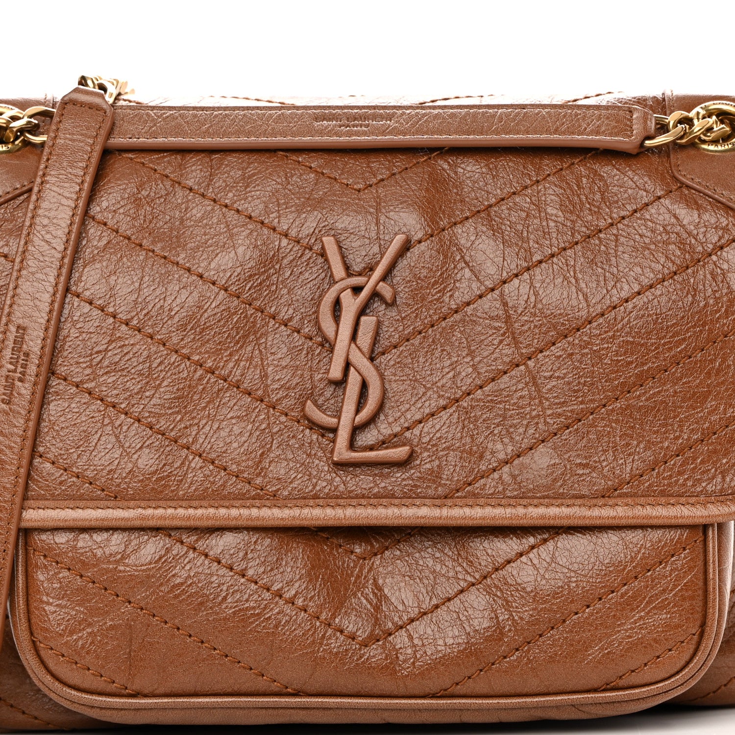 Saint Laurent Crinkled Calfskin Matelasse Monogram Medium Niki Chain Satchel Caramel 8 of 13