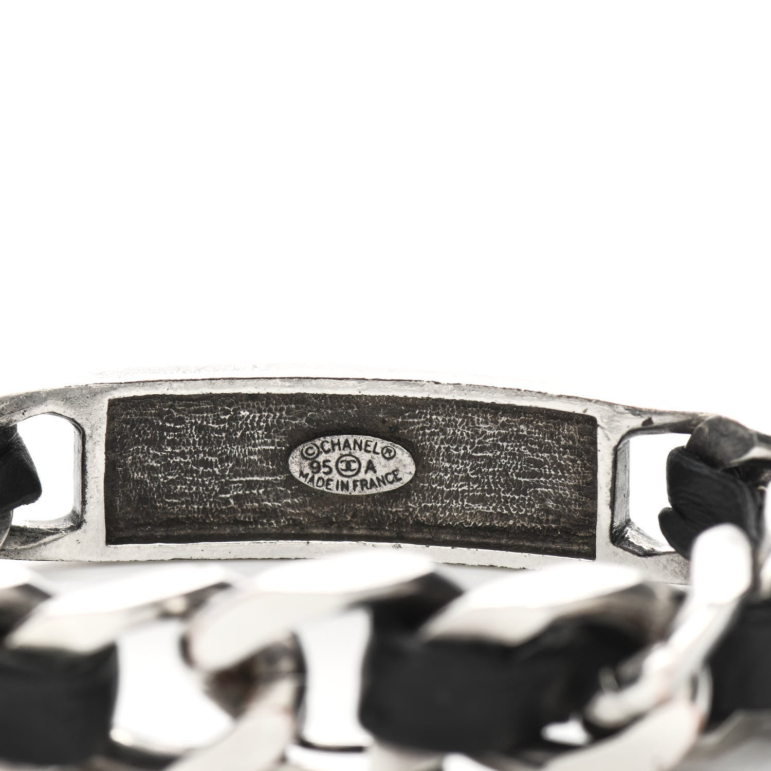 Chanel Metal Lambskin Name Plate Bracelet Black Silver 4 of 5