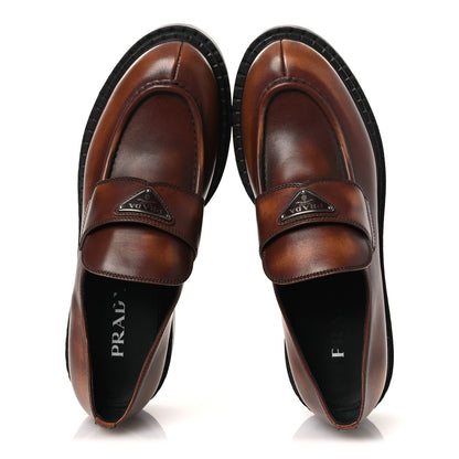 Prada Vitello Fume Metal Triangle Logo 50mm Loafers 40.5 Cognac 2 of 11