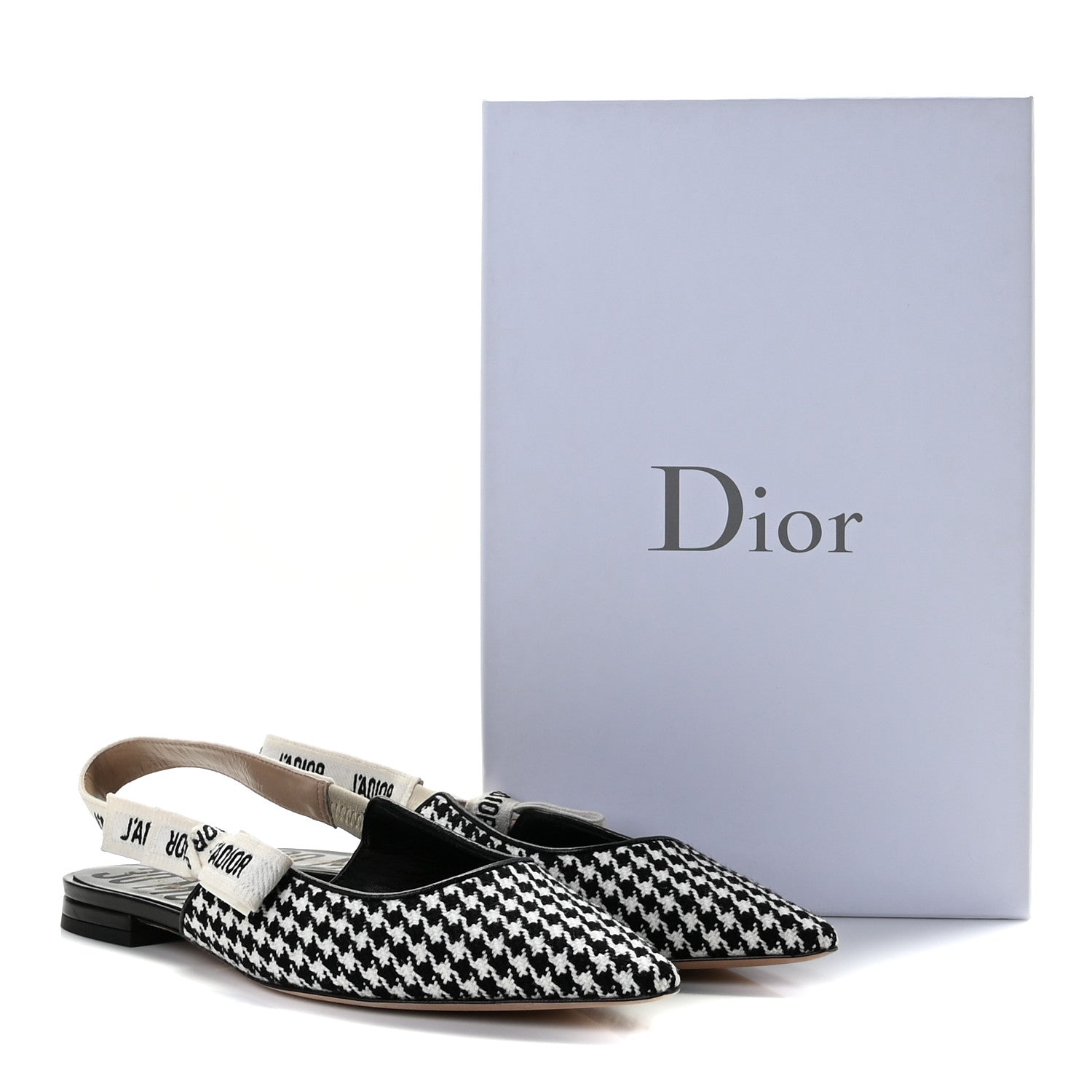 Christian Dior Wool Ribbon Houndstooth J'Adior Slingback Ballet Flats 38 Black White 4 of 14