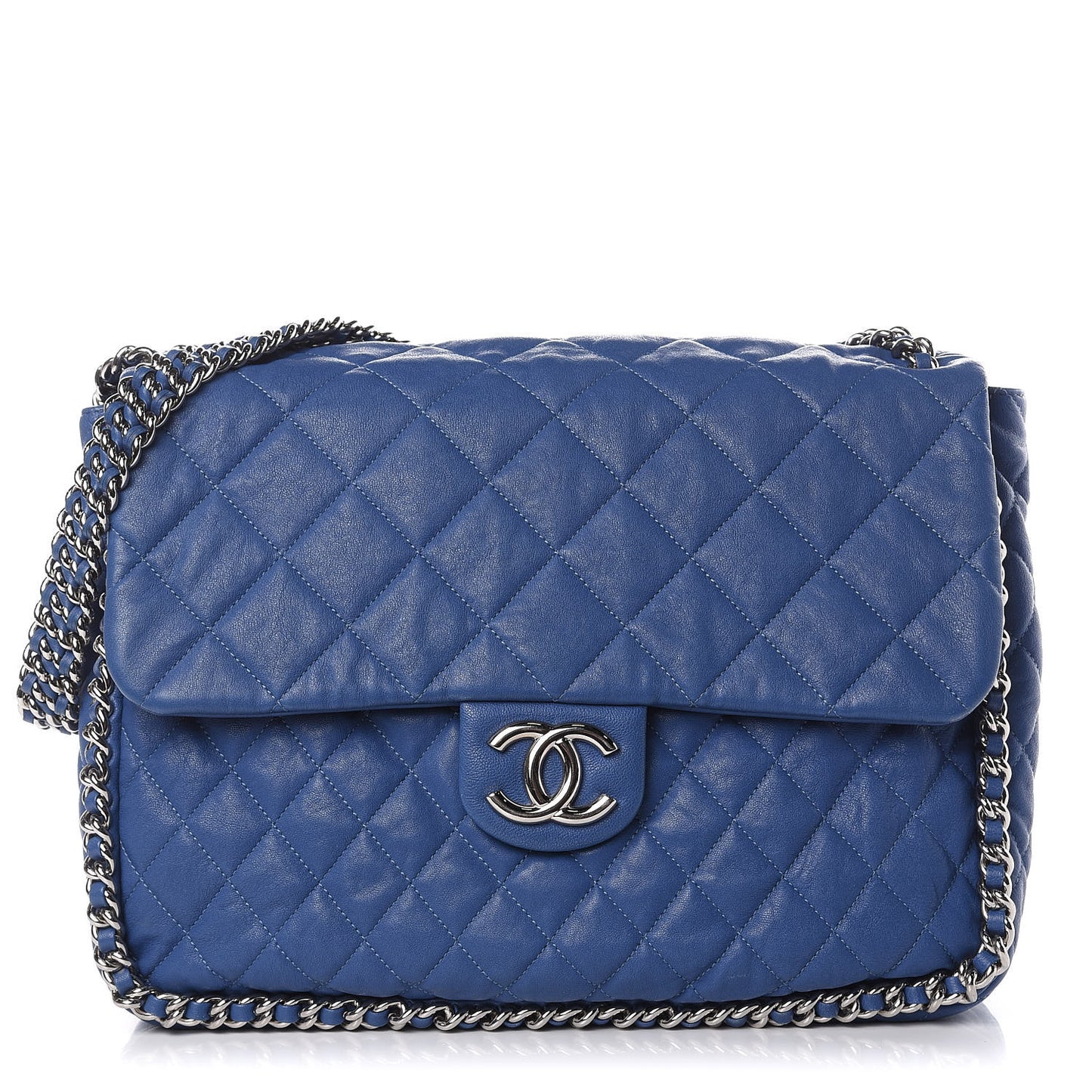Washed Lambskin Quilted Chain Around Maxi Flap Light Blue