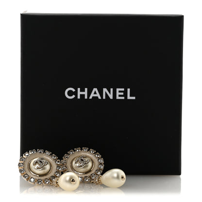 Chanel Crystal Pearl Enamel CC Drop Earrings Gold White 5 of 5