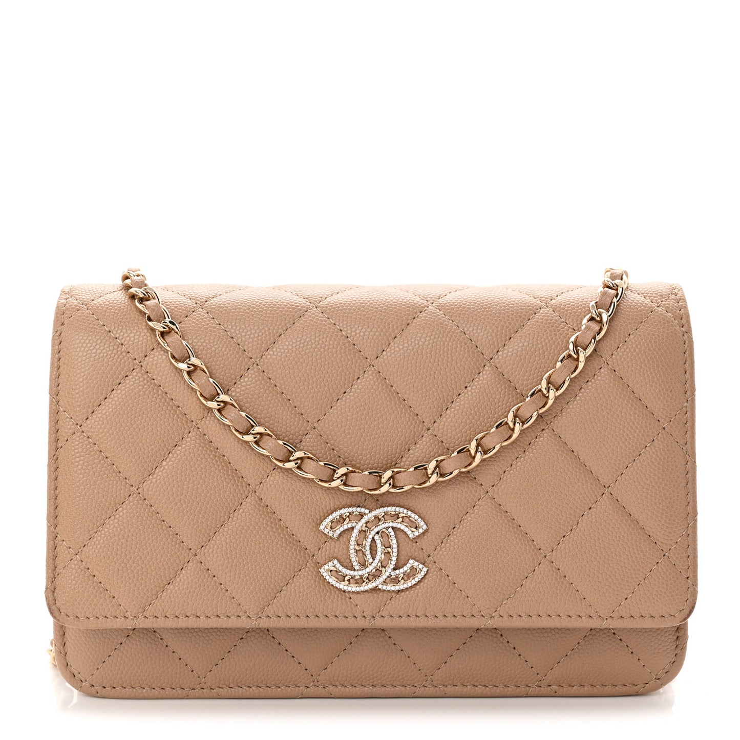 Caviar Quilted Crystal CC Wallet On Chain WOC Beige