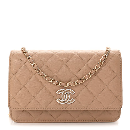Chanel Caviar Quilted Crystal CC Wallet On Chain WOC Beige 1 of 13