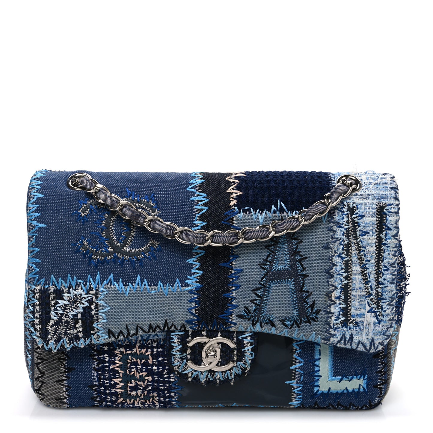 Denim Tweed Patchwork Jumbo Single Flap Blue