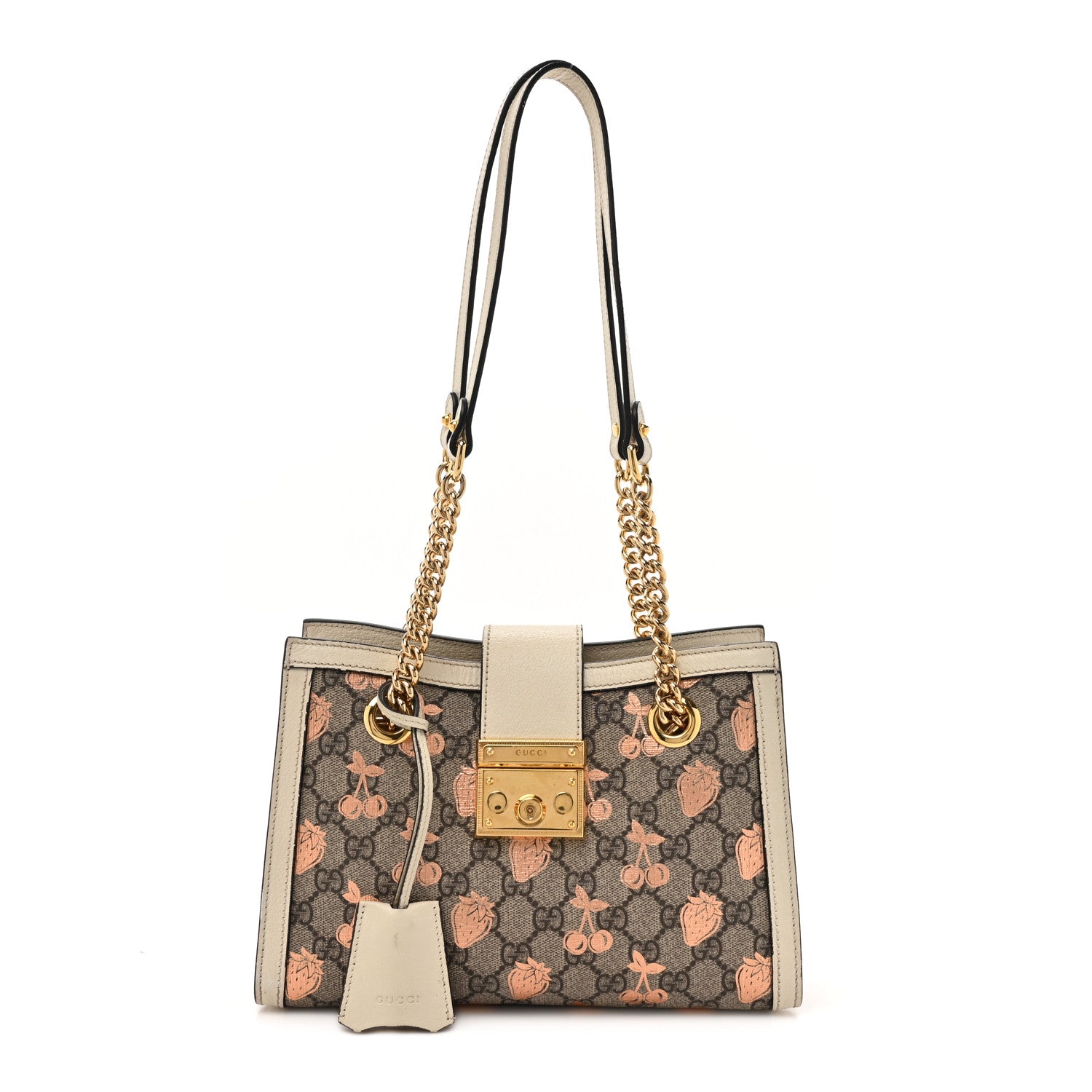 Gucci GG Supreme Monogram Berry Textured Dollar Calfskin Small Padlock Tote Beige Ebony Light Copper Mystic White 1 of 17